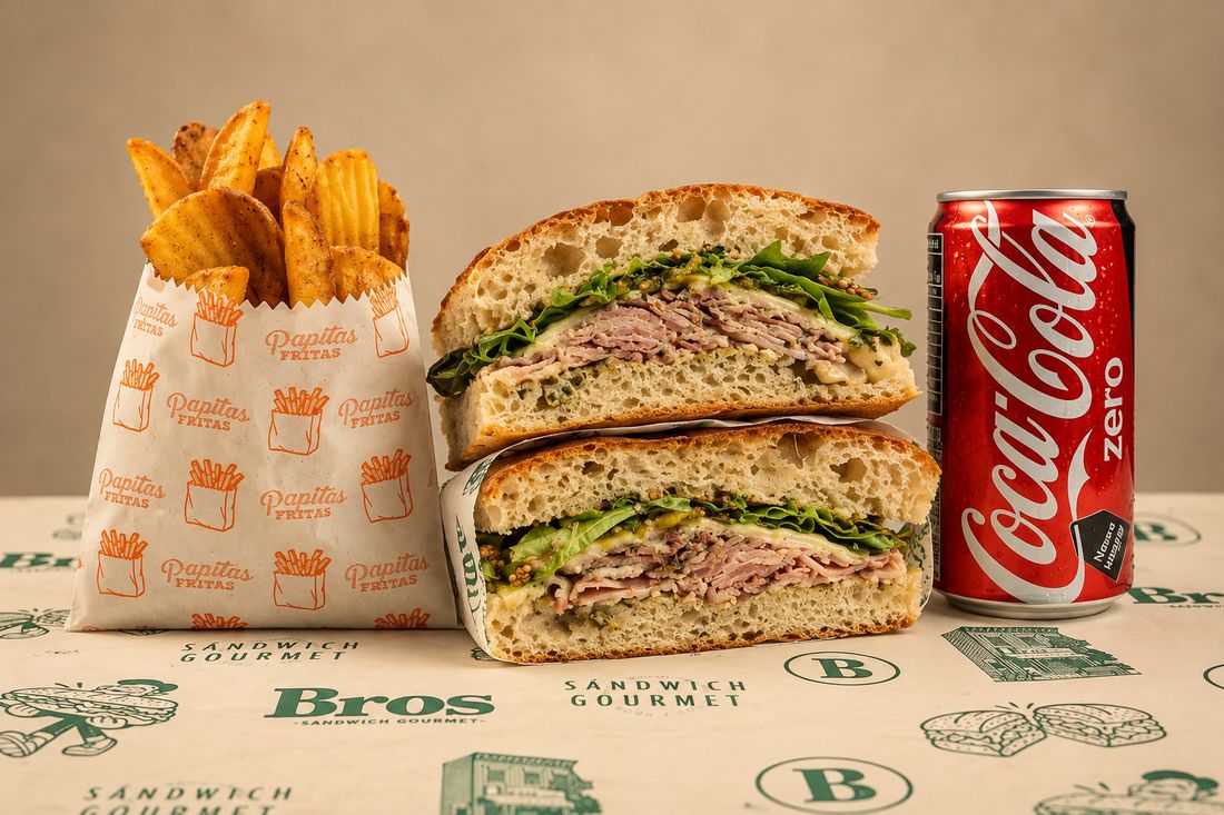 Combo Bros: sánduche de porchetta, papitas y Coca-Cola Zero